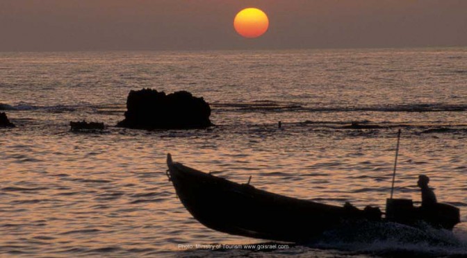 Jaffa fishing boat on the Mediterranean at sunset